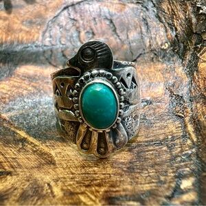 925 Sterling Silver & Kingman Turquoise Thunderbird Ring Sz 6 Southwest Boho